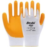 Beybi PN3 Beyaz Sarı 9 Beden Polyester Örme Nitril Eldiven 12li Paket EN388 (2121X)