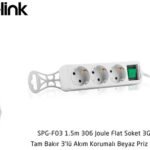 S-link SPG-F03 1.5m 306 Joule Flat Soket 3G1.0mm Tam Bakır 3 lü Akım Korumalı Priz Çoklayıcı