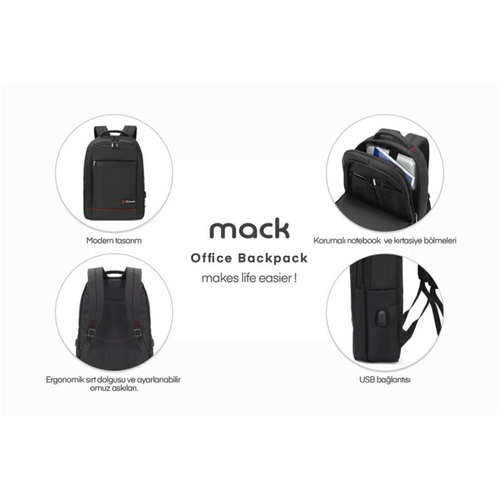 Mack MCC-006 15.6" Office USB Girişli Notebook Sırt Çantası Siyah