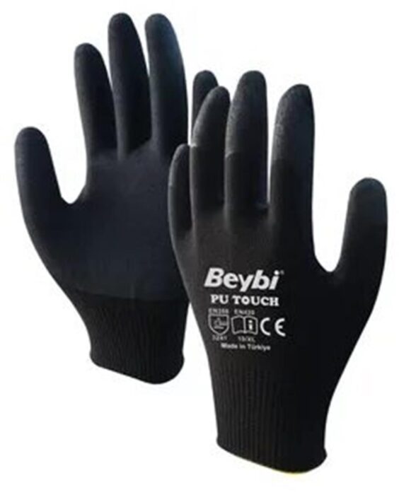 Beybi 10 Beden 12li Paket Poliüretan Kaplı Pu Touch Siyah Montaj Eldiven EN388 (3121X)