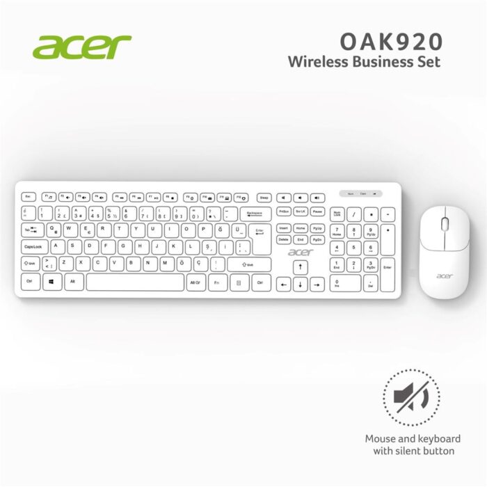 Acer OAK-920 Beyaz Kablosuz Sessiz Tuşlu 2.4Ghz Klavye Moue Set Beyaz (Mouse 1200Dpı) Caps Lock