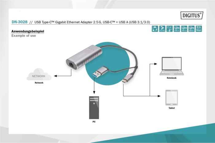 Digitus DN-3028 USB Tip C™ Gigabit Ethernet Adaptörü 2.5G