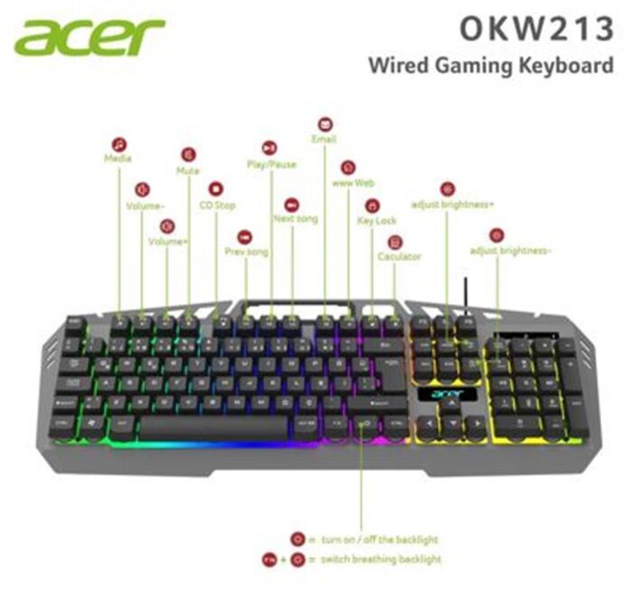 Acer OKW213 Gri RGB Rainbow Backlit Gaming Keyboard Rainbow (Kablo Uzunluğu 1