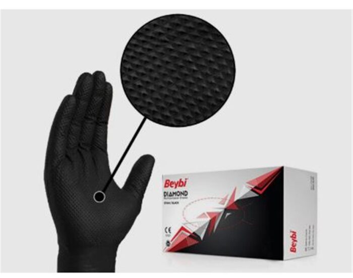 Beybi Diamond L Beden Pudrasız Kalın Siyah Nitril Eldiven Large (Kutuda 100 Adet)