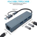 Inca IUTP-03TX Ethernet Usb 3.0+Type-C 3.1 Grişli 000 Mbps 3X3.1Usb Eternet-Çoklayıcı